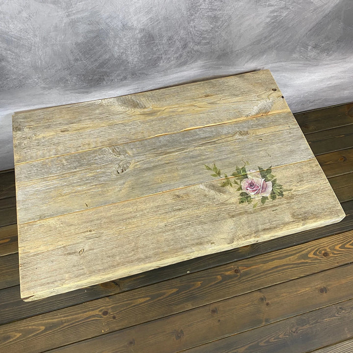 39"L Reclaimed Wood, Custard Rose Side Table