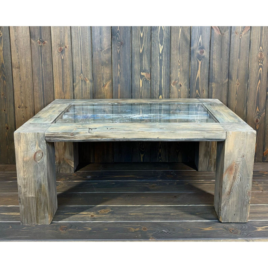 SOLD 43"L Glass top, reclaimed wood side table