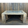 SOLD 43"L Glass top, reclaimed wood side table