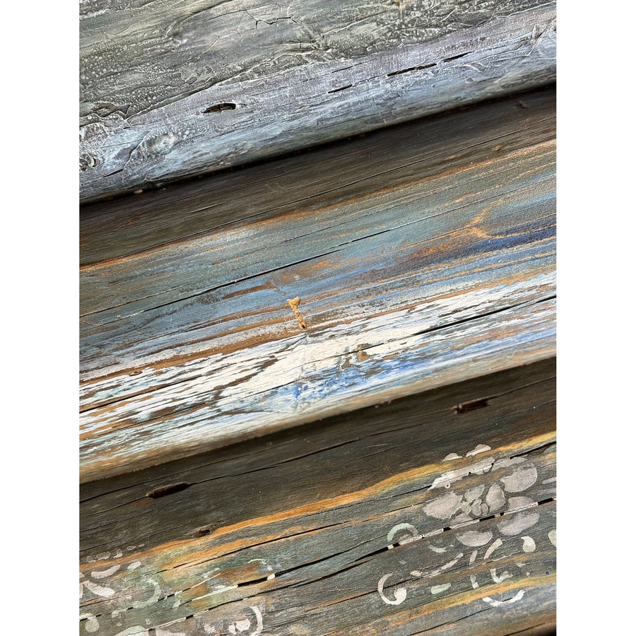 SOLD 43"L Glass top, reclaimed wood side table