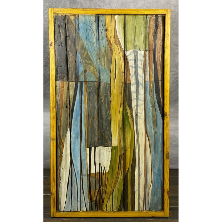 46.5"L Yellow lined, multicolor, reclaimed wood coffee table