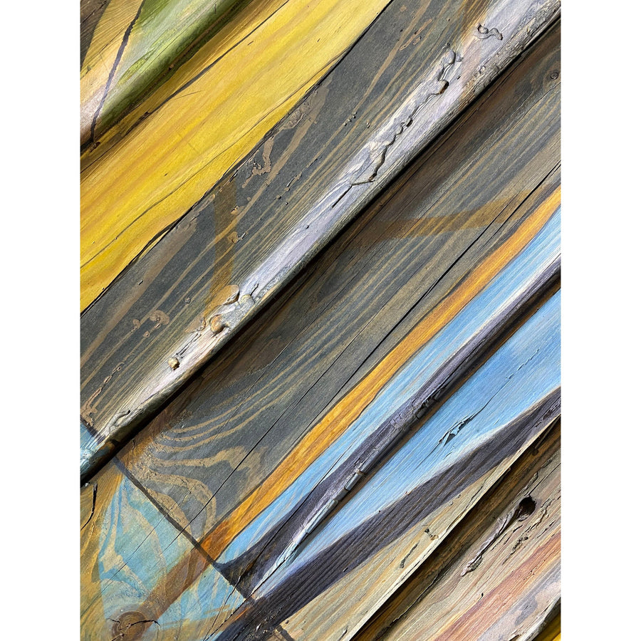 46.5"L Yellow lined, multicolor, reclaimed wood coffee table