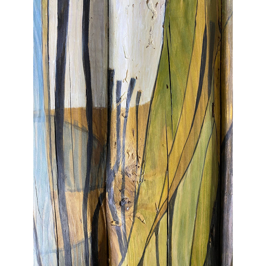 46.5"L Yellow lined, multicolor, reclaimed wood coffee table